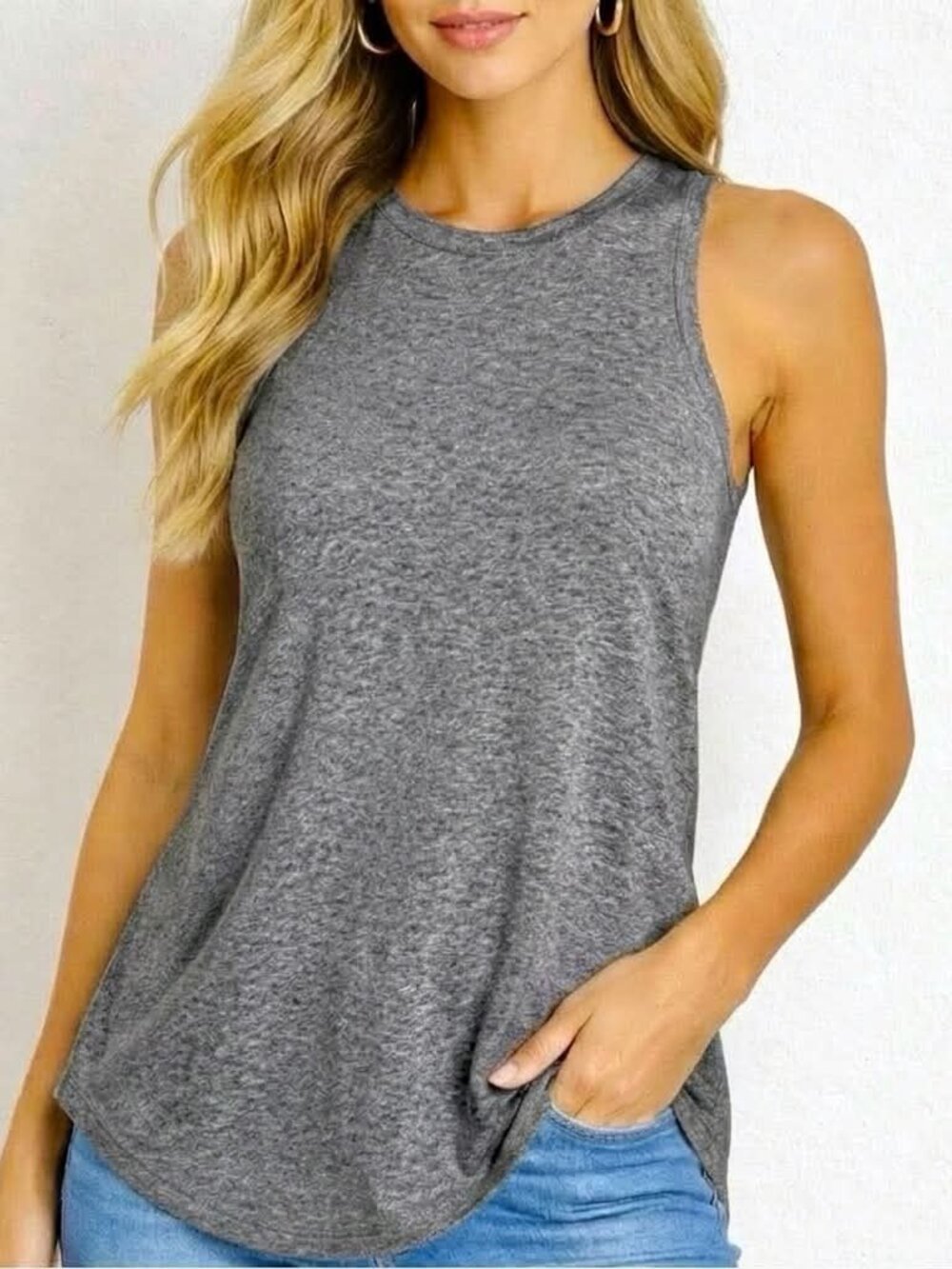 New CHASER Relaxed Racerback Tank Shirttail Hem 100% Cotton Heather Grey M